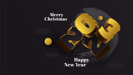 Happy New Year 2023 Banner with 3D Black and Gold Numbers Isolated on Black Background. 2023 New Year Design for Banner, Poster, or Greeting Cardのイラスト素材