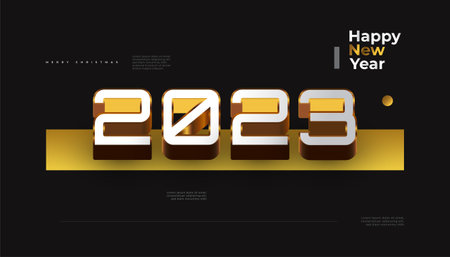 Happy New Year 2023 Banner with 3D White and Gold Numbers Isolated on Black Background. 2023 New Year Design for Banner, Poster, or Greeting Cardのイラスト素材