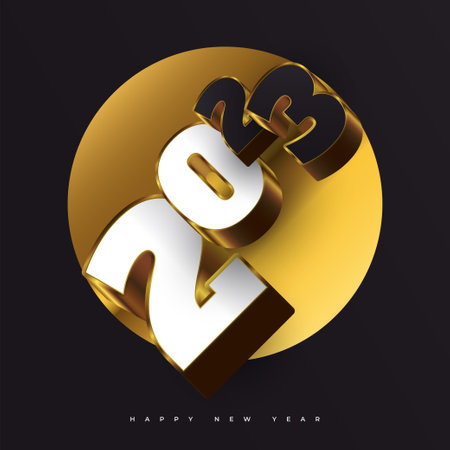 Happy New Year 2023 Banner or Poster Design with Black, White and Gold 3D Numbers Isolated on Black...
