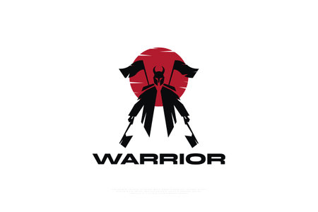 Warrior Illustration with Two Axes in His Hands and Two Flags on His Back. Knight Logo Illustration with Red Moon Behind. Barbarian Silhouetteのイラスト素材