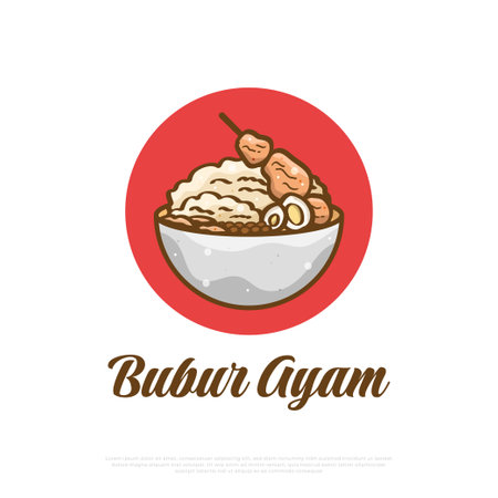 Bubur Ayam or Rice Porridge with Shredded Chicken, Eggs, and Meatballs. Asian Food Illustrationのイラスト素材