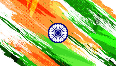 India Flag Background with Brush Style and Halftone Effect. Indian Tricolor National Flag Illustration with Grunge Conceptのイラスト素材