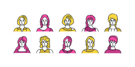 Set of People Avatars with Minimal Cartoon Style and Various Expressions. Women Character Collectionのイラスト素材