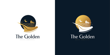 Luxury and Elegant Golden Ship Logo Design. Yacht or Cruise Logo for Travel or Tourism Company Industry Logoのイラスト素材