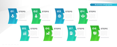 Business Infographic Design Template with 8 Options or Steps. Can be used for Presentation, Workflow Layout, Diagram, or Annual Reportのイラスト素材