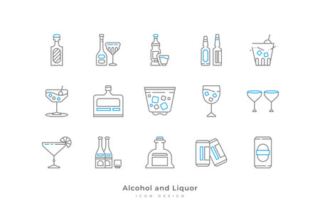 Alcohol and Liquor Icon Set with Simple Line Style. Contains Canned Beer, Champagne, Cocktails, Whiskey and Moreのイラスト素材