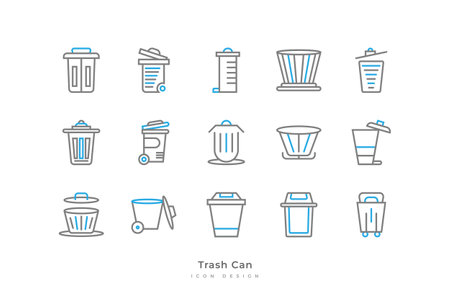 Trash Can Icon Set with Simple Line Style. Rubbish Bin Vector Illustrationのイラスト素材