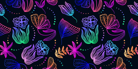 Colorful Seamless Floral Pattern with Gradient Style. Hand Drawn Flower Motif for Fashion, Wallpaper, Wrapping Paper, Background, Fabric, Textile, Apparel, and Card Designのイラスト素材