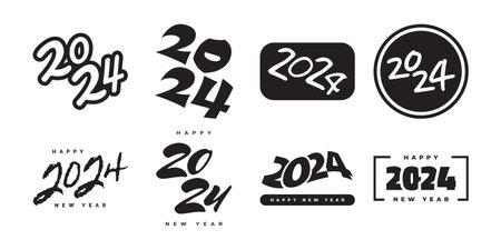 Set of 2024 Happy New Year Logo Text Design. 2024 Numbers or Labels with Black Color Isolated on...