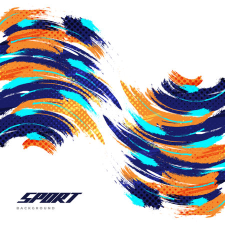 Abstract and Colorful Brush Background with Halftone Effect. Sport Banner Dominated with Blue and Orange Color. Brush Stroke Illustration. Scratch and Texture Elements For Designのイラスト素材