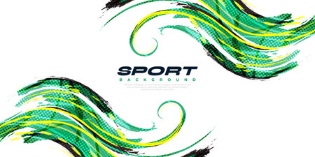 Abstract Black Yellow and Green Brush Background with Sporty Style and Halftone Effect. Brush Stroke Illustration for Banner, Poster, or Sports Backgroundのイラスト素材