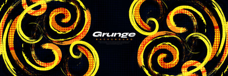 Abstract Black, Orange and Yellow Brush Background with Halftone Effect. Sport Background. Brush Stroke Illustration for Banner or Poster. Scratch and Texture Elements For Designのイラスト素材