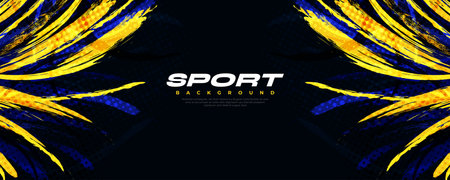 Abstract Blue and Yellow Brush Background with Halftone Effect. Sport Background. Brush Stroke Illustration. Scratch and Texture Elements For Designのイラスト素材
