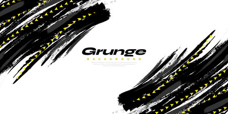 Black Grunge Brush Background with Yellow Arrow Isolated on White Background. Sport Background. Scratch and Texture Elements For Designのイラスト素材