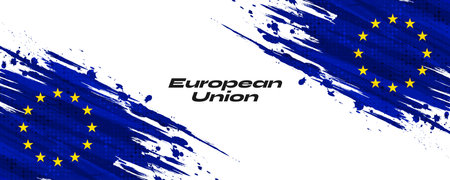 European Union Flag in Brush Paint Style with Halftone Effect. Flag of Europe with Grunge Concept