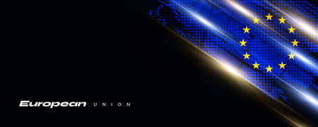 European Union Flag in Brush Paint Style with Halftone and Glowing Light Effects. Flag of Europe with Grunge Conceptのイラスト素材