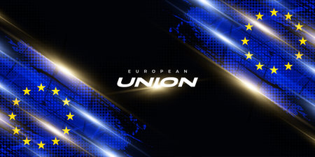 European Union Flag in Brush Paint Style with Halftone and Glowing Light Effects. Flag of Europe with Grunge Conceptのイラスト素材