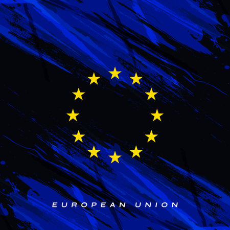 European Union Flag in Brush Paint Style with Halftone Effect. Flag of Europe with Grunge Conceptのイラスト素材
