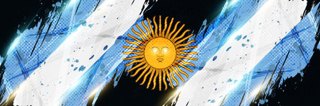 Argentina Flag in Grunge Brush Paint Style with Halftone and Glowing Light Effects. Argentinian Flag in Grunge Conceptのイラスト素材