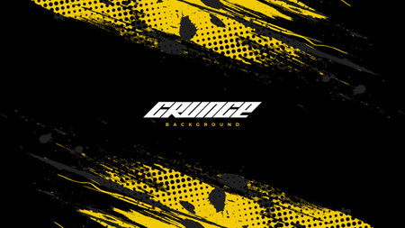 Abstract Black and Yellow Dirty Grunge Background with Halftone Effect. Sports Background with Brush Stroke Illustrationのイラスト素材