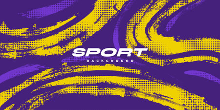 Abstract Sports Background with Purple and Yellow Brush Texture and Halftone Effect. Grunge Background for Banner or Poster Designのイラスト素材