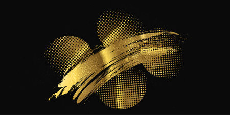 Luxury Gold Grunge Brush Strokes with Texture and Halftone Effect Isolated on Black Background. Brush Stroke Illustration for Banner, Poster, or Sports. Scratch and Texture Elements For Designのイラスト素材