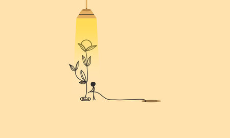 Minimalist Stick Figure Watering a Growing Plant Under Lamp Light. Symbolizing Hope, Growth and...