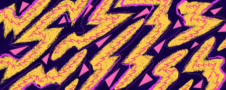 Pop Art Grunge Pattern with Yellow Brush Strokes and Pink Scribble Lines. Hand Drawn Memphis...