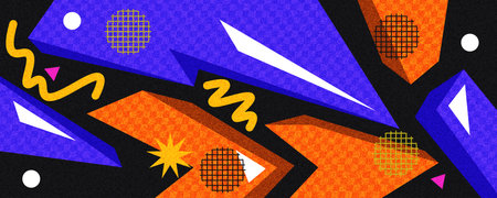 Abstract Memphis Style Background with Blue and Orange Retro Geometric Shapes and Patterns. 80s...