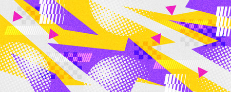 Dynamic and Energetic Background with Yellow and Purple Shapes on a White Background, with Halftone Pattern and Texture Effect