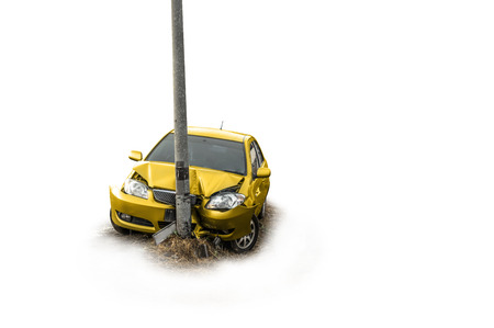 Yellow car crash with the electricity post on white background.の写真素材