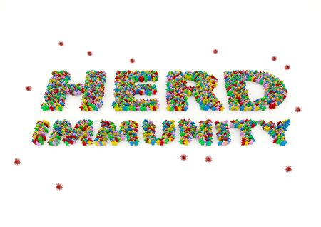A 3D rendering of human doll multi color symbol stack stand in herd immunity word row and corona virus symbol isolated on white backgroundの写真素材