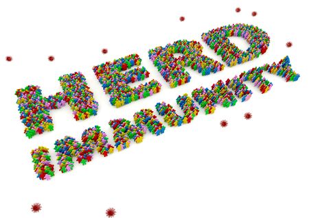 A 3D rendering of human doll multi color symbol stack stand in herd immunity word row and corona virus symbol isolated on white backgroundの写真素材