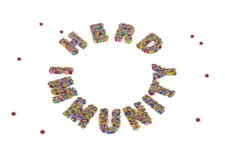A 3D rendering of human doll multi color symbol stack stand in circle herd immunity word row and corona virus symbol isolated on white backgroundの写真素材