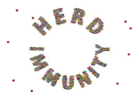 A 3D rendering of human doll multi color symbol stack stand in circle herd immunity word row and corona virus symbol isolated on white backgroundの写真素材