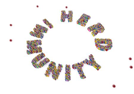 A 3D rendering of human doll multi color symbol stack stand in circle herd immunity word row and corona virus symbol isolated on white backgroundの写真素材