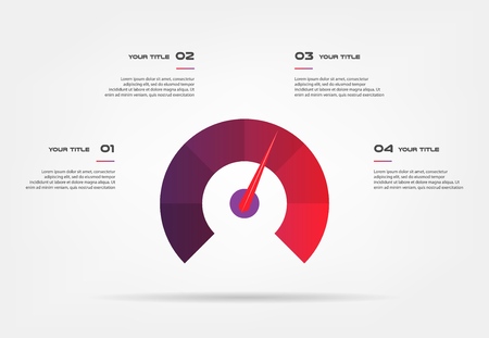 Speedometer infographics with circle. Element of chart, graph, diagram with 4 options - parts, processes, timeline. Vector business template for presentation, workflow layout, annual reportのイラスト素材