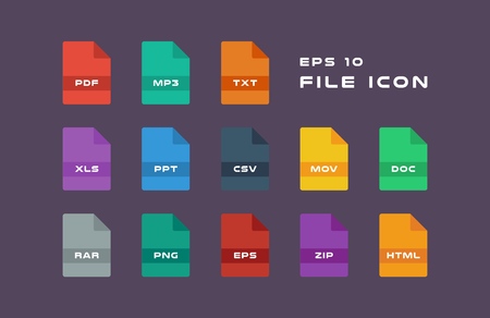Set of Document Labels and File Formats Icons. PDF, MP3, TXT, XLS, PPT, CSV, MOV, DOC, RAR, PNG, EPS, ZIP, HTML. Vector illustration.のイラスト素材