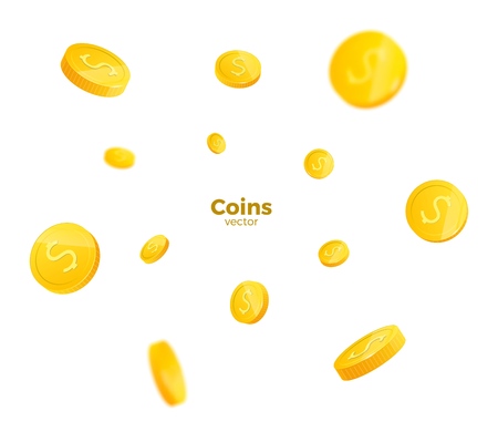 3d realistic gold coins set on white in different positions .Money isolated on white. Vector illustrationのイラスト素材