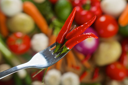 Red hot chilli peppers on fork with vegetables on a backgroundの写真素材
