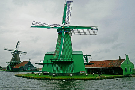 Wooden windmills in Zaanse Schans, Netherlands.