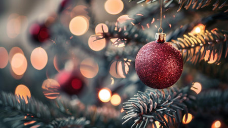 Christmas tree with red bauble decoration on bokeh background.の素材