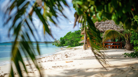 Tropical beach with bungalows and coconut palm trees at Seychellesの素材