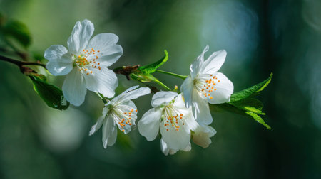 White flowers of jasmine on a green background. Spring.の素材