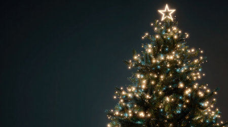 Christmas tree with lights and stars on dark background. Christmas and New Year conceptの素材