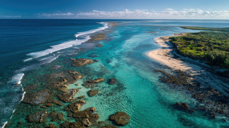 Aerial view of the coral reef and turquoise ocean.の素材