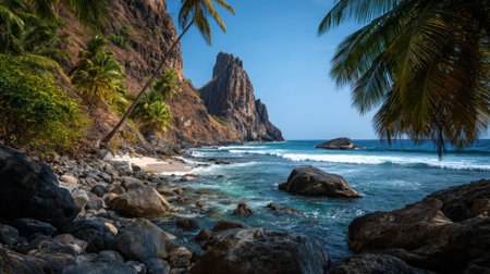 Tropical beach with palm trees and rocks in Sri Lanka.の素材
