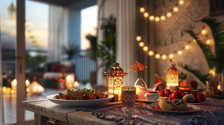Romantic interior table scene with lanterns and festive decorations, perfect for holiday mood.の素材