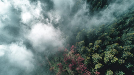 Aerial view of foggy forest in the morning at Doi Inthanon National Park, Chiang Mai, Thailandの素材