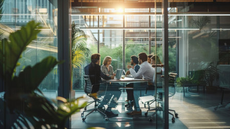 Group of business people having a meeting in a modern office. Businessmen and businesswomen working together in a modern office.の素材